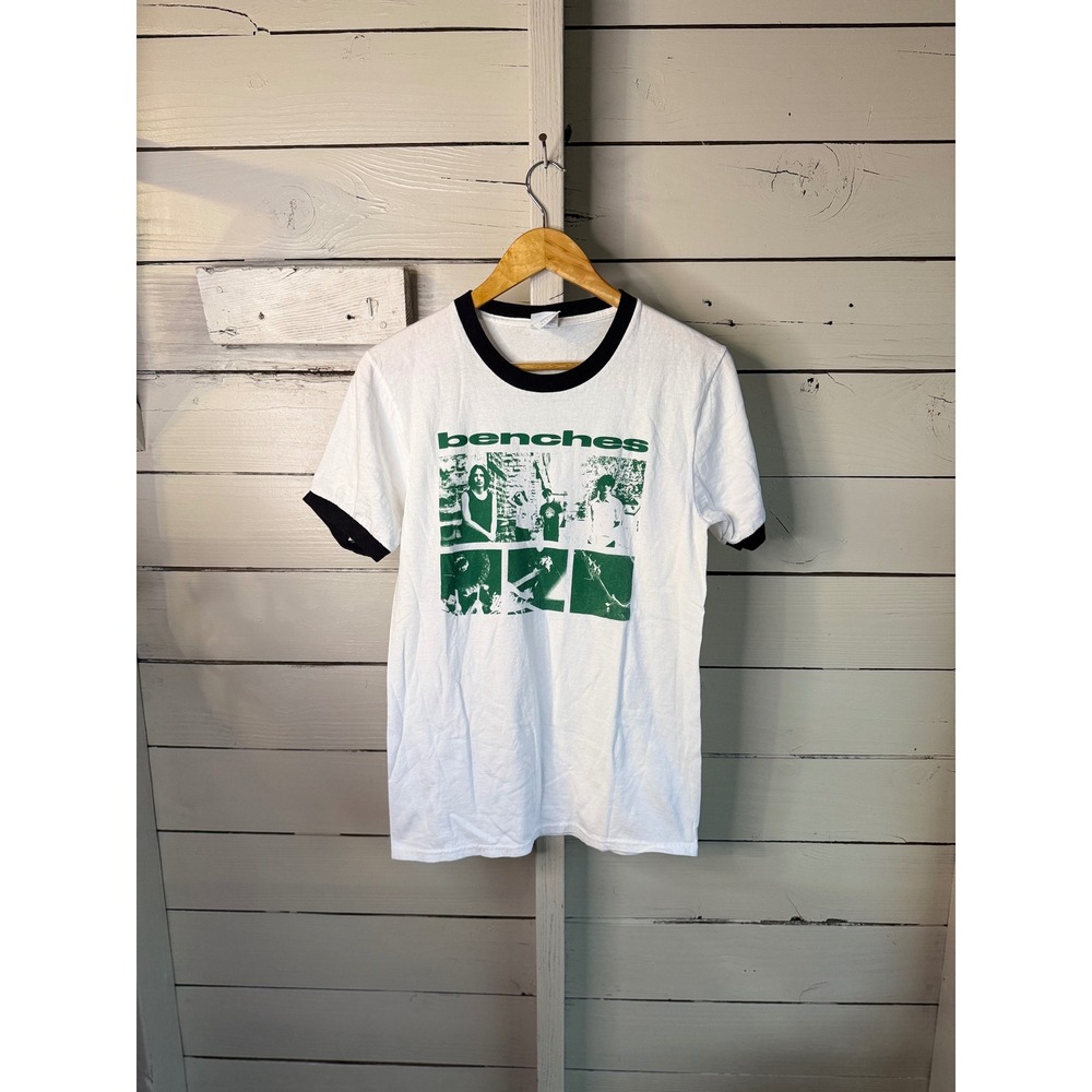 Benches Band Graphic Ringer Tee White Green Black Mens Small